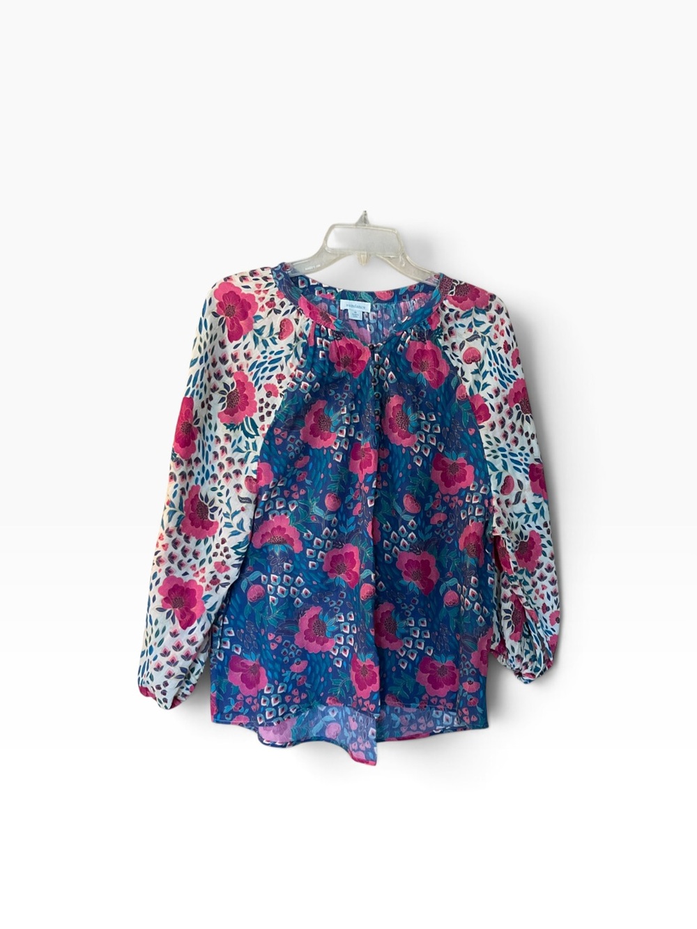 Sundance Floral Boho Peasant Blouse Medium Blue Pink 100% Cotton